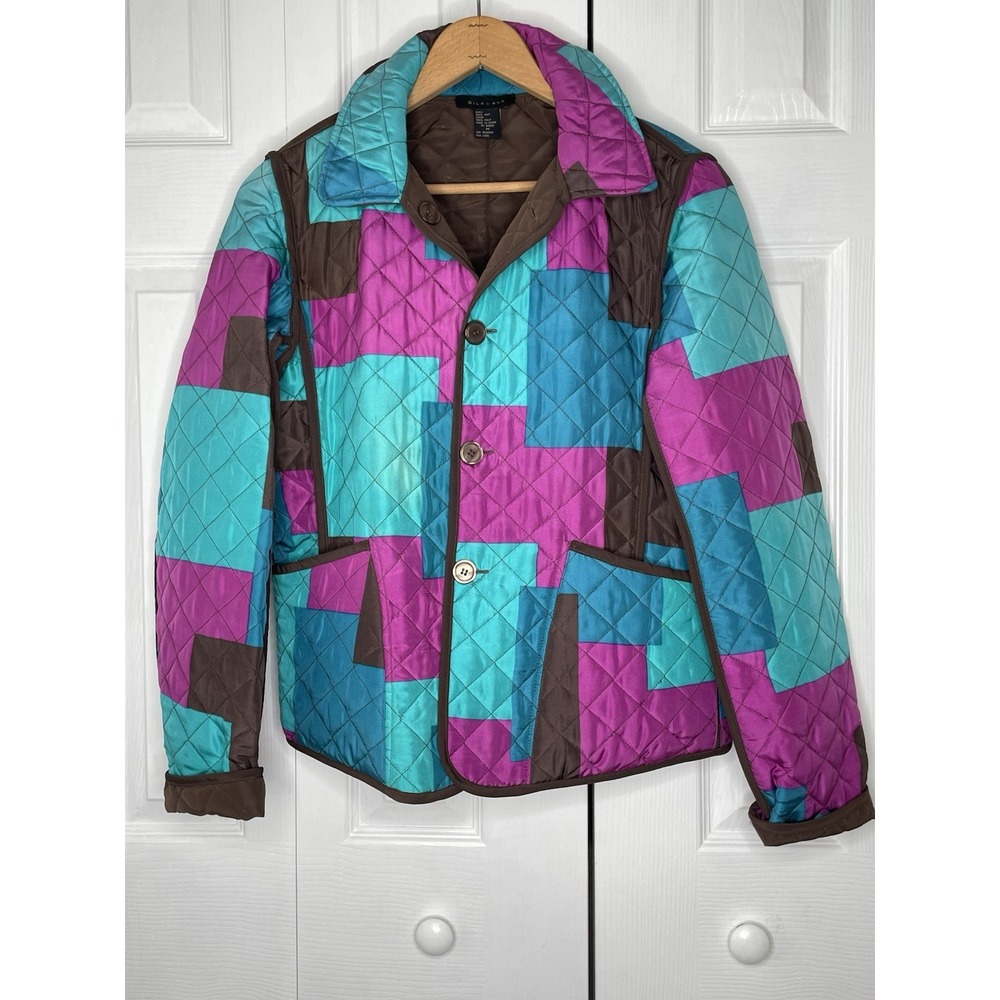 Silkland Quilted Reversible Silk Jacket Medium‎ Multicolor Pockets Button Up